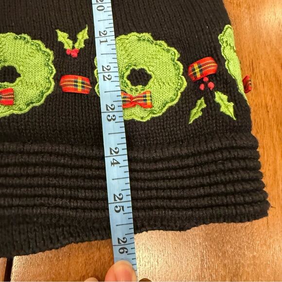Vintage Christmas Wreath Zip Sweater Plaid Ribbon Applique Beaded Sz Lrg Black - Picture 12 of 12